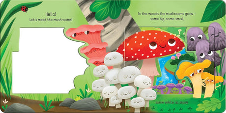 Meet the Mushrooms board book page with layered die cuts showing cute illustrated mushrooms in a green forest setting.