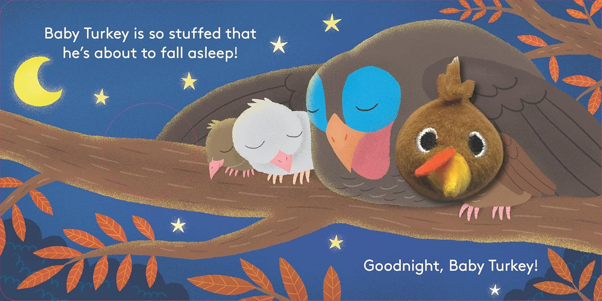 Illustration of a sleepy baby turkey with finger puppet resting on a tree branch under a starry night sky