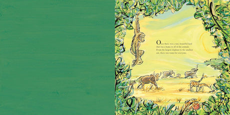 Open book spread from The Littlest Drop showing illustrated animals in a sunlit forest scene.