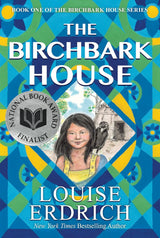 The Birchbark House book cover with a girl and a black bird framed by colorful geometric patterns.