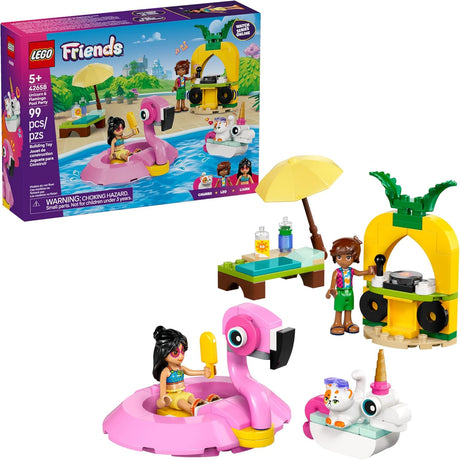 LEGO Friends pool party set with flamingo and unicorn floaties, figures, DJ booth, table, and umbrella play accessories
