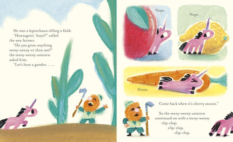 Illustration from Teeny-Weeny Unicorn's Great Big Wish showing a teeny unicorn meeting a leprechaun and exploring.