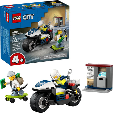 LEGO City police motorcycle chase set with officer, crook on skateboard, and mini ATM playset for kids ages 4 and up.
