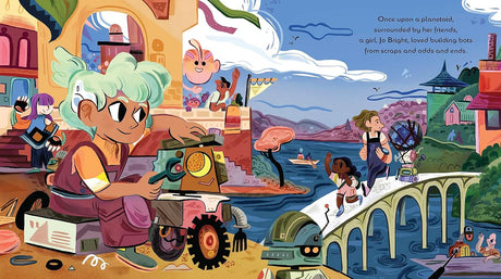 Jo Bright building bots with friends on planetoid in colorful futuristic scene from Jo Bright and the Seven Bots.