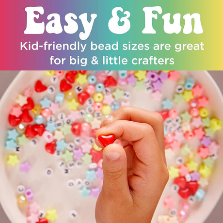 Bead Jewelry Jar | Rainbow with colorful kid-friendly beads and a hand holding a red heart-shaped bead for crafting fun.