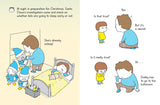 Illustrated scene from That's Not Fair showing a kid in bed and playful elves checking if children sleep early before Christmas.