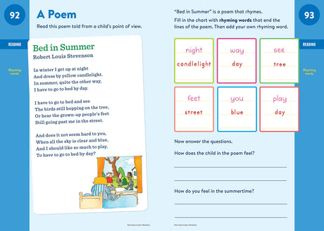 Brain Quest Workbook Grade 2 open to a poem reading activity with rhyming words and comprehension questions.