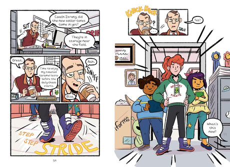 Illustration from Tryouts showing Alexandra and teammates ready for middle school baseball tryouts.