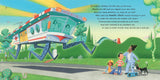 Illustration from If I Built a Town showing a futuristic medic vehicle and a cheerful family outdoors on a sunny day.