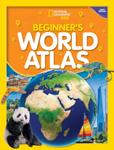 Beginner's World Atlas colorful cover with globe, panda, chameleon, landmarks, and bright kid-friendly design by National Geographic Kids.