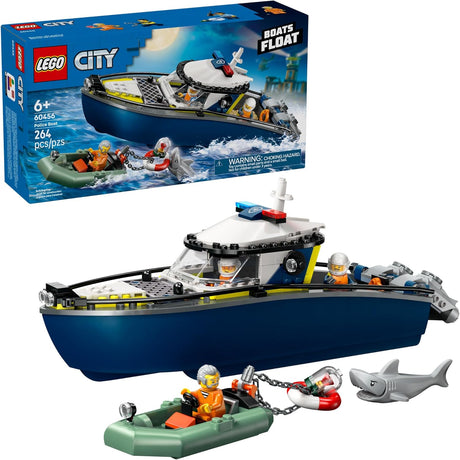 LEGO City police boat chase set with patrol boat, power dinghy, minifigures, and shark figure for water play adventures.