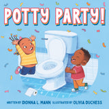 Potty Party! board book cover showing two happy children celebrating near a toilet with colorful confetti around.