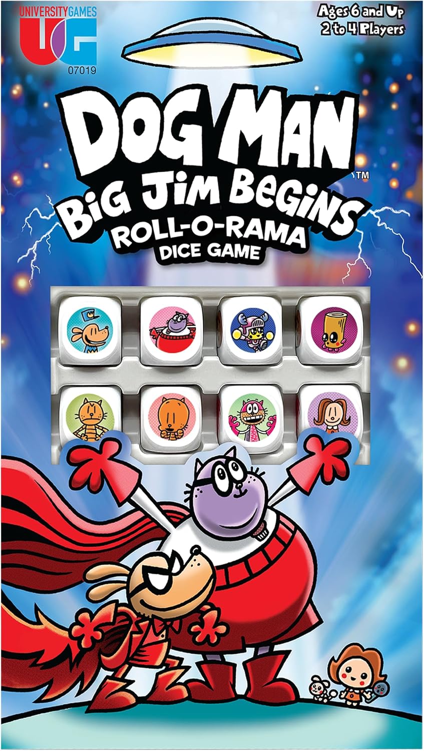 Dog Man Big Jim Begins Dice Game package with colorful character dice and Dog Man artwork