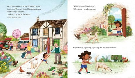 Illustration from Grandad's Pride showing a diverse family and dog enjoying a sunny day near a cottage and garden.