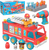 Motorized red fire truck toy with working drill, firefighter figures, ladder, water, and fire accessories set for kids.