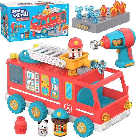 Motorized red fire truck toy with working drill, firefighter figures, ladder, water, and fire accessories set for kids.