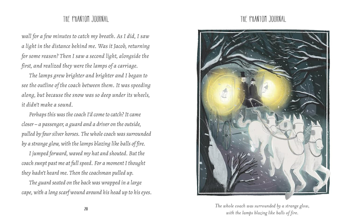Illustrated Spooky Stories open book showing ghostly figures and glowing lights in a dark forest