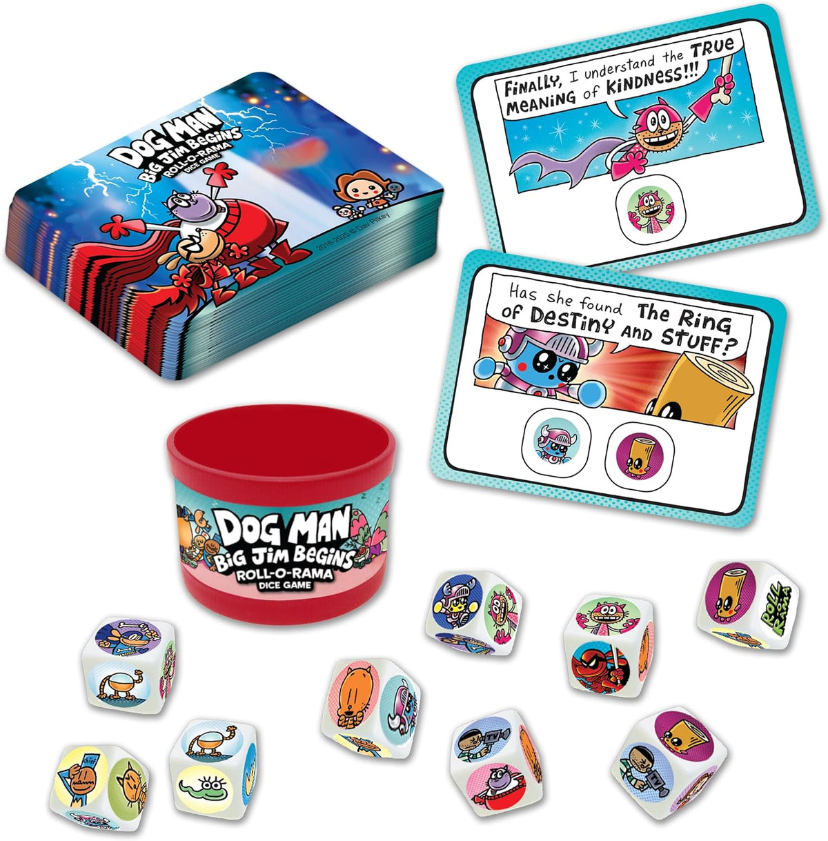 Dog Man Big Jim Begins Dice Game with colorful dice cards and red game cup
