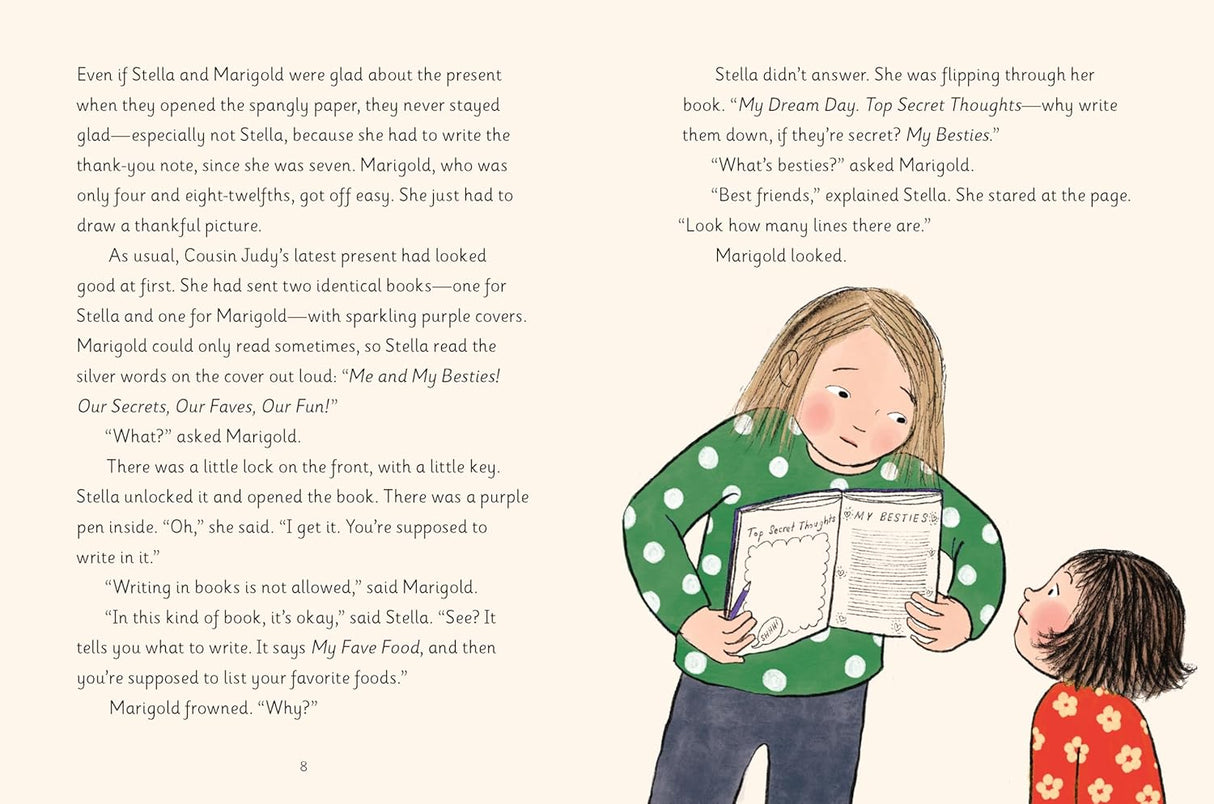 Two young girls read a green hardcover book together in a cozy illustrated scene from a children's chapter book.