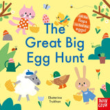 The Great Big Egg Hunt board book cover with colorful animals and baskets for a fun springtime egg hunt adventure.