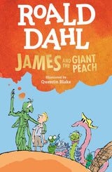Cover of James and the Giant Peach by Roald Dahl featuring James and his oversized insect friends illustrated by Quentin Blake.