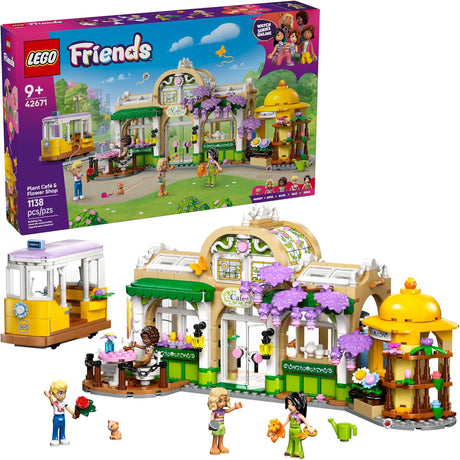 Colorful LEGO Friends Plant Café and Flower Shop set with streetcar, flowers, and mini-figures enjoying gardening and café play