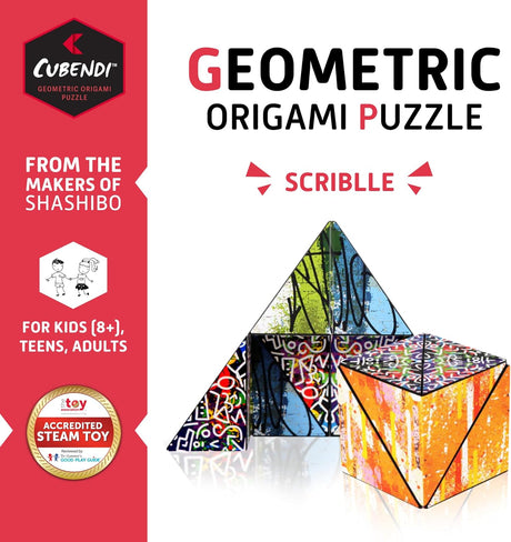 Cubendi | Scribble geometric origami puzzle with colorful urban scribble patterns and magnetic shapes for all ages.