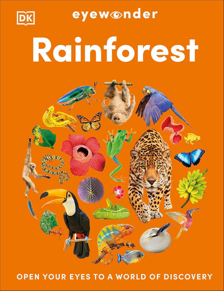Colorful rainforest animals and plants arranged in a circle on an orange background with the title Rainforest above