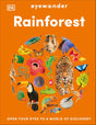 Colorful rainforest animals and plants arranged in a circle on an orange background with the title Rainforest above