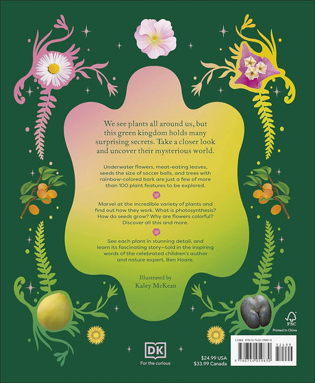 Back cover of Secret World of Plants book with colorful floral illustrations and educational text for kids.