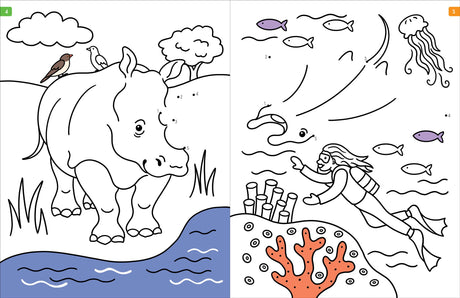 Animals Dot to Dot activity book featuring connect-the-dots rhino and underwater diver coloring pages for kids.
