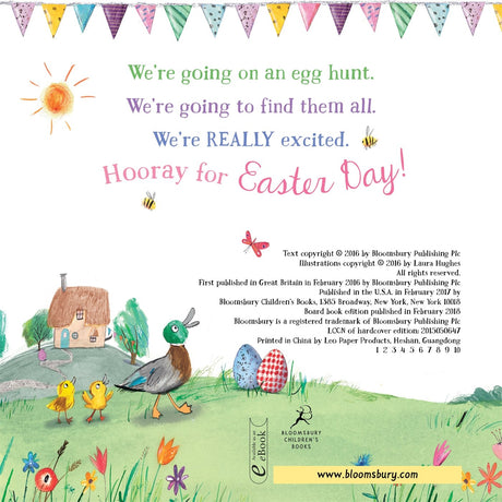 We're Going on an Egg Hunt cover with colorful text, animals, and a countryside scene celebrating Easter Day.