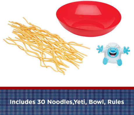 Yeti in My Spaghetti game with 30 yellow noodles, a red bowl, and a blue and white yeti figure.
