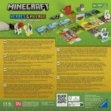 Minecraft: Heroes of the Village board game packaging featuring colorful game components and illustrated village scenes