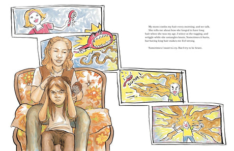 Brave picture book illustration of a Native American boy with his dad braiding hair, showing strength and pride.