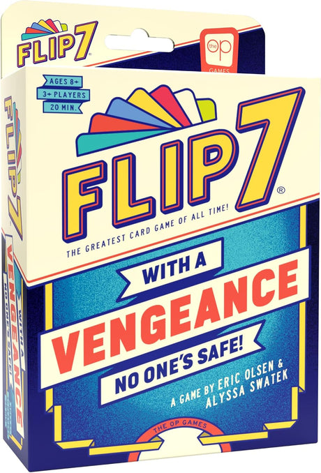 Flip 7: With a Vengance card game box with colorful retro artwork