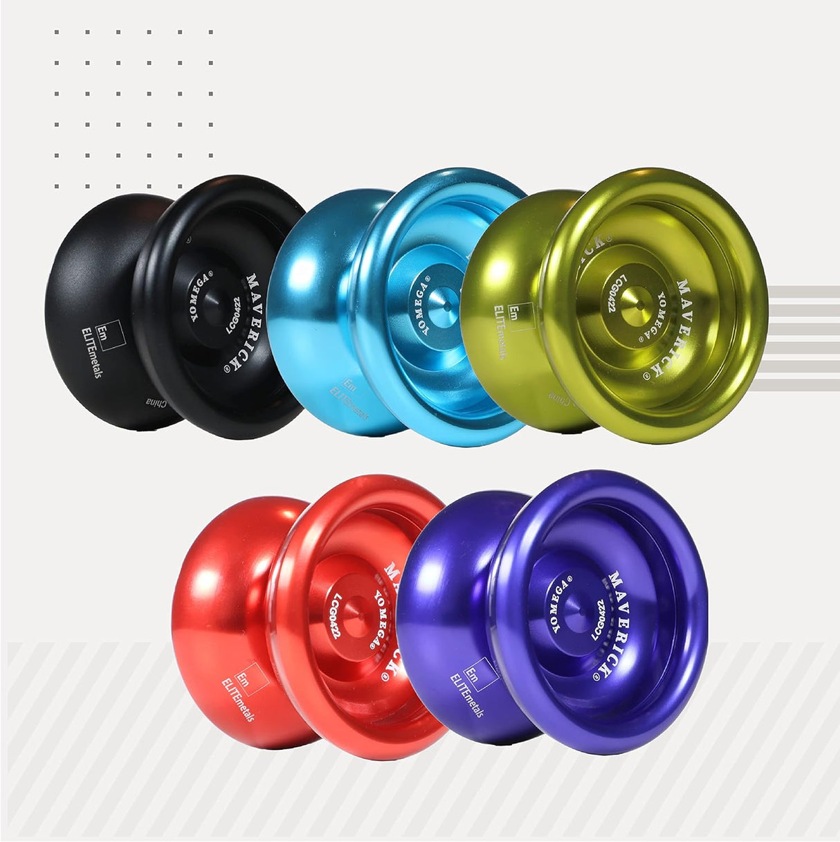 Set of six colorful anodized aluminum yo-yos with sleek wing-shaped designs, showcasing the Maverick series.