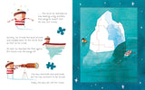 Illustration from Lost and Found Jigsaw Book showing a boy searching for a penguin near an iceberg puzzle piece