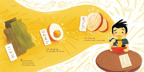 Ramen For Everyone shows a boy enjoying ramen with nori, a nitamago egg, and tender chashu pork on a table.