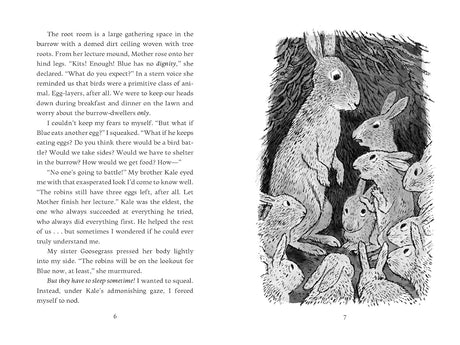 The Remarkable Rescue at Milkweed Meadow black-and-white illustration of rabbits gathered in a burrow listening intently.