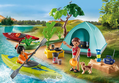 Family Fun | Camping with Campfire playset showing kayaking, tent, campfire, and figures enjoying outdoor camping activities.