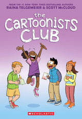 The Cartoonists Club book cover with four diverse kids happily drawing and sharing comic ideas together.