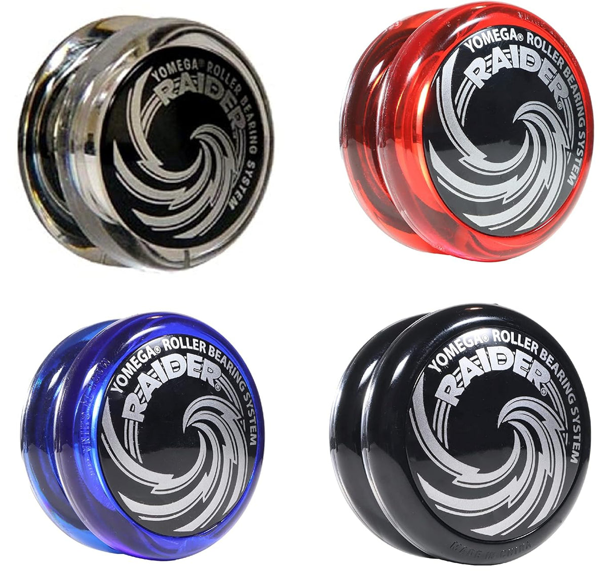 Four different colored Raider yo-yos with black caps and white swirl designs stacked in a grid on a white background