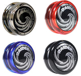 Four different colored Raider yo-yos with black caps and white swirl designs stacked in a grid on a white background