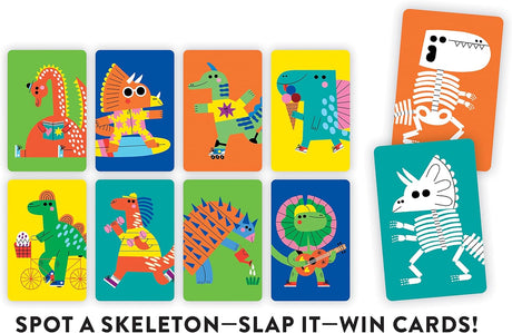 Dino Slaps! card game featuring colorful prehistoric animals and skeleton cards for family fun and travel play.