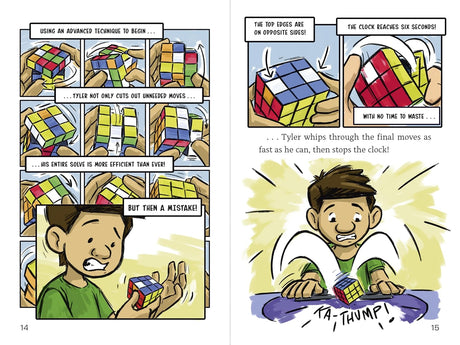 Lucky Scramble graphic novel pages showing Tyler solving a Rubik’s cube with fast, focused moves.