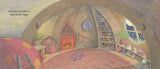 Mushroom Lullaby" cozy interior with mushroom chair, warm fireplace, and nighttime window scene in a whimsical style.