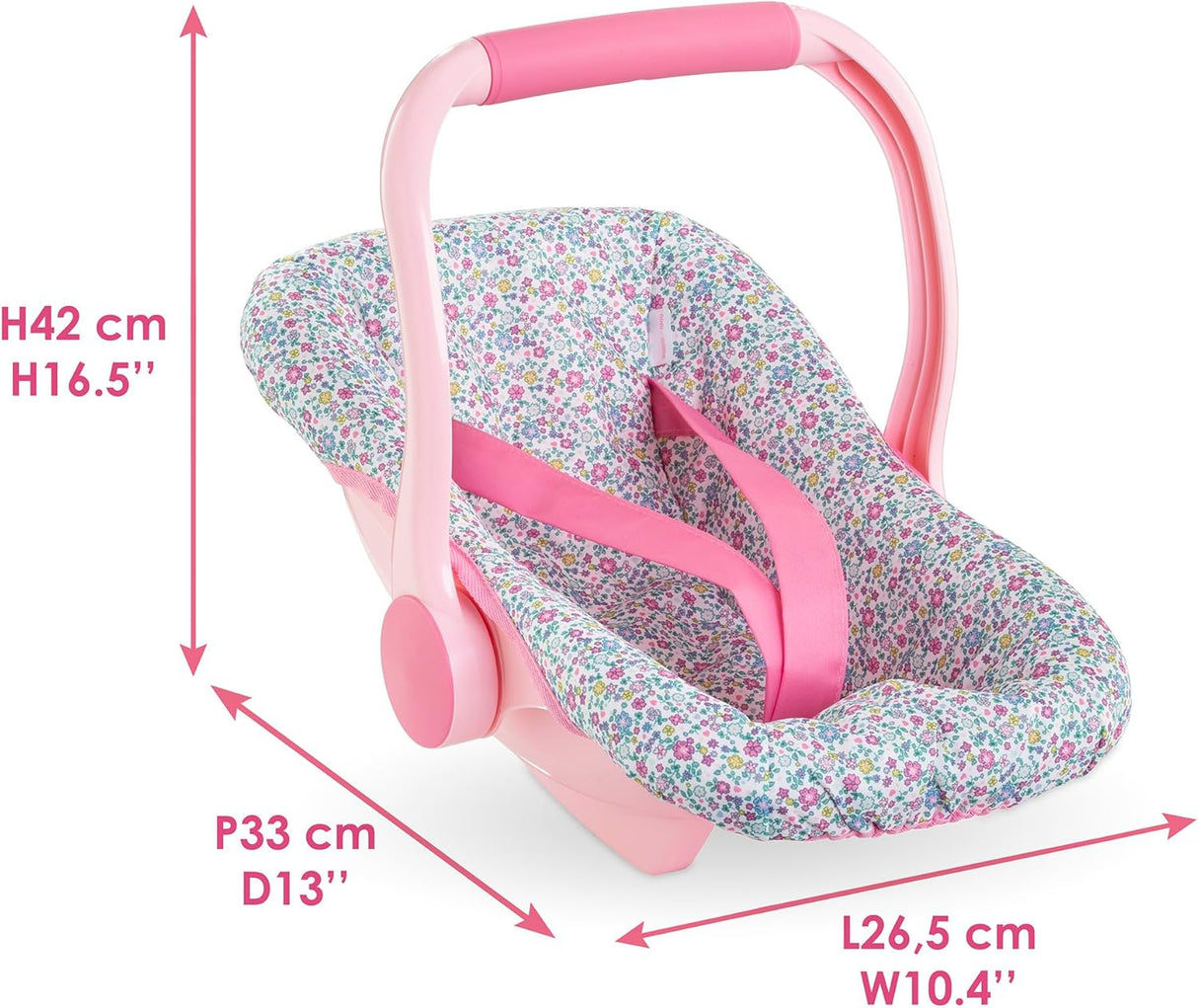 Pink floral car seat carrier with secure straps for dolls, perfect for safe and imaginative play.