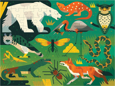 100pc Land & Sea Predators Double-Sided Puzzle showing colorful wild land animals and predators in a vibrant illustration.