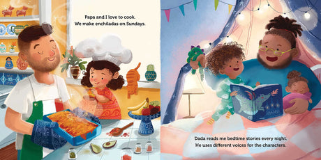Daddy and Me board book shows a dad cooking enchiladas and another dad reading bedtime stories to children.